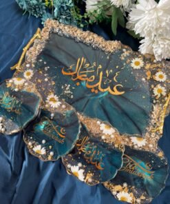 Handcrafted Eid Mubarak Resin Tray & Coaster Set – Floral & Gold Accent Design