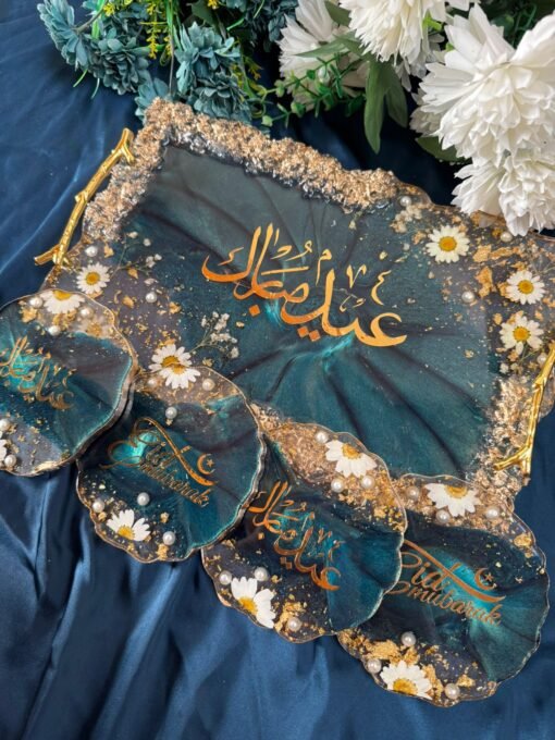 Handcrafted Eid Mubarak Resin Tray & Coaster Set – Floral & Gold Accent Design