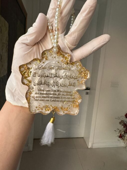 Dua e Safar – White & Gold Resin Car Hanging for Safe Travels