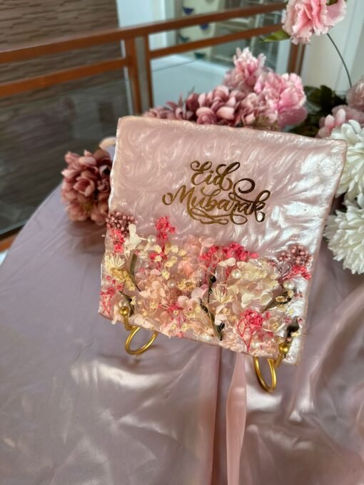 Eid Mubarak Square Pink Resin Coasters – Modern Festive Charm