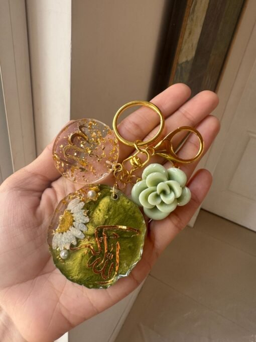 Floral Resin Keychain Set with Arabic Calligraphy & Succulent Charm